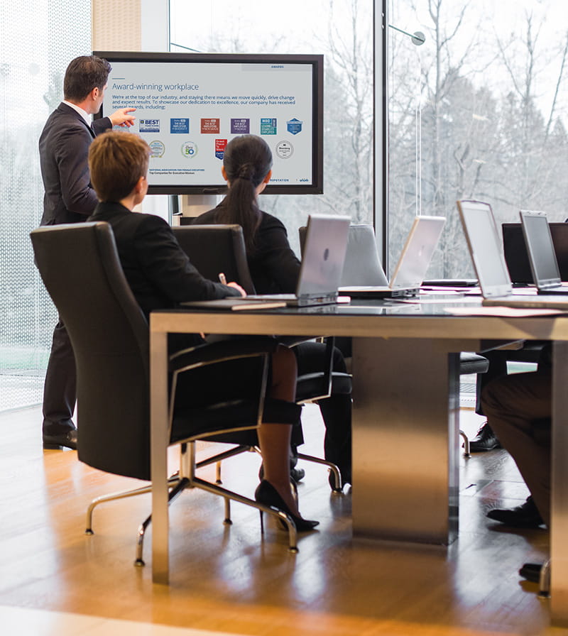Person presenting business idea in a meeting of several employees