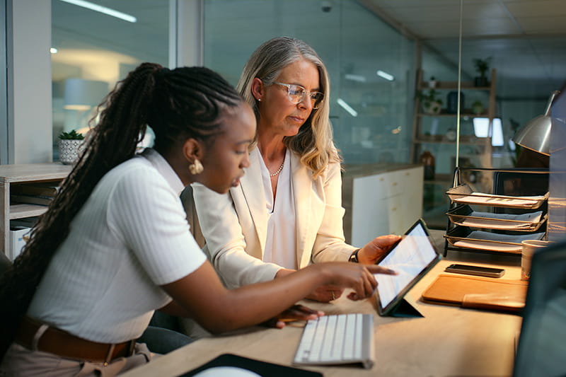 An apprentice going over info with their mentor